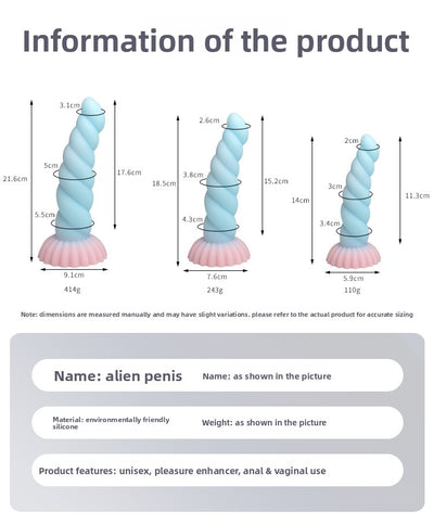 Gode alien en silicone avec ventouse - 2 tailles disponibles (petit et moyen) avec dimensions détaillées