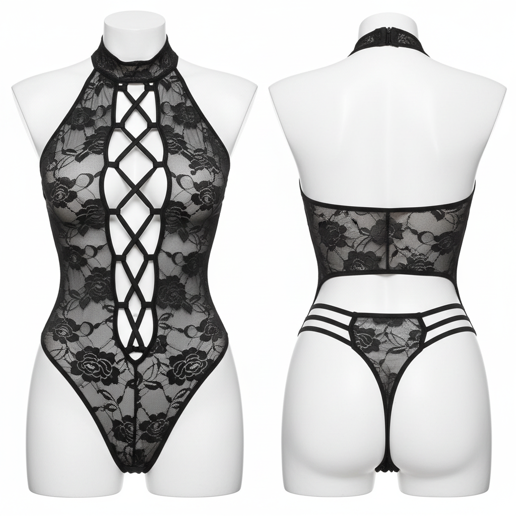 Body teddy dentelle transparent noir avec oreilles de chat lingerie sexy