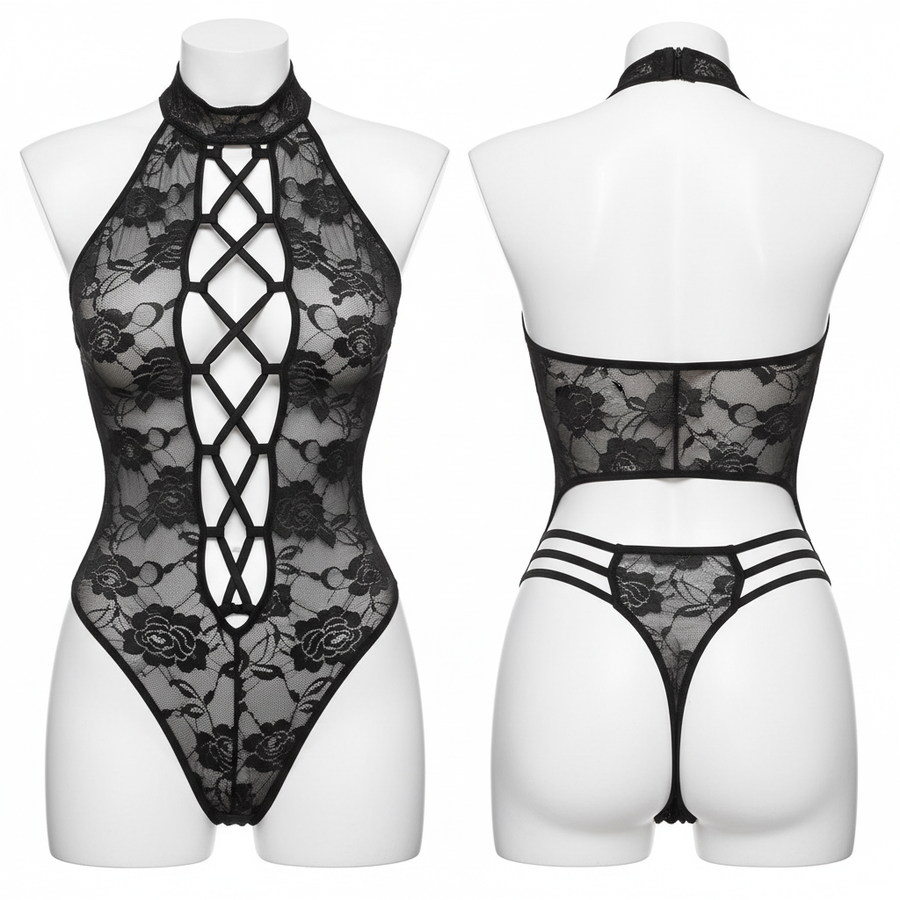 Body teddy dentelle transparent noir avec oreilles de chat lingerie sexy